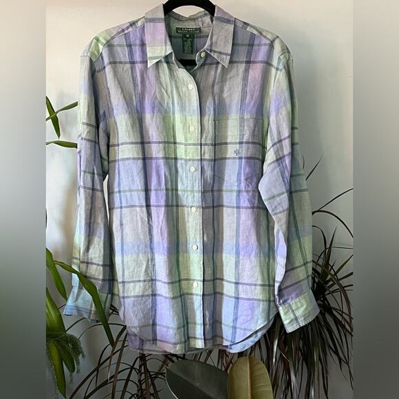 Vintage Ralph Lauren plaid linen button down shirt purple blue Size Medium - Picture 1 of 4